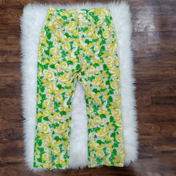 ZARA Retro 70s Green Yellow Paisley Print High Waist Pants Women's Size Medium - Picture 2 of 15